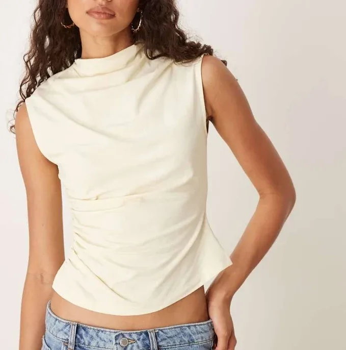 ASOS DESIGN high neck draped top with cinched waist in buttermilk-Yellow