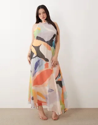 ASOS DESIGN Curve chiffon high neck maxi dress in multi abstract print
