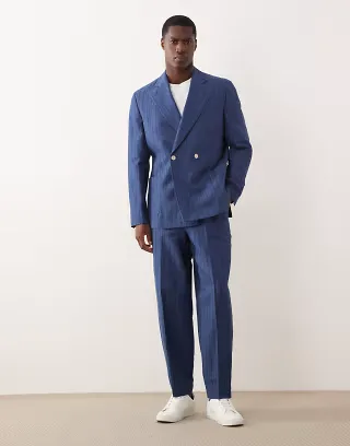 ASOS DESIGN linen blend oversized tapered suit in blue stripe