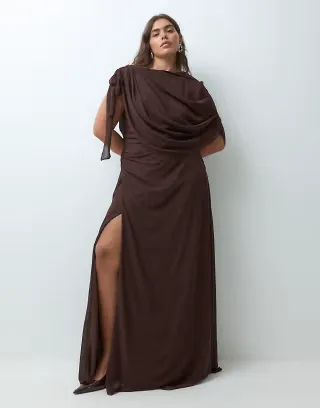 TFNC Plus chiffon draped shoulder thigh split maxi dress in chocolate