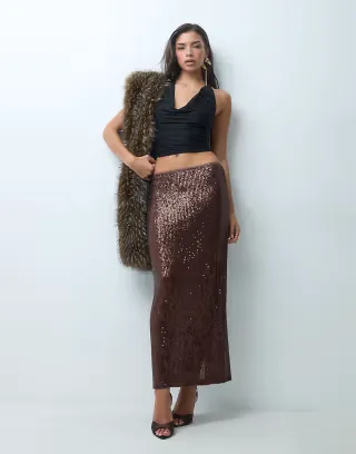 ASOS DESIGN allover sequin maxi skirt in chocolate