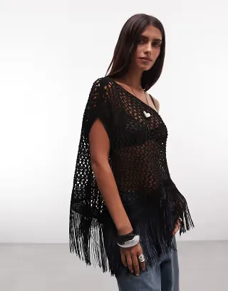 Reclaimed Vintage crochet poncho with tassel detail in black