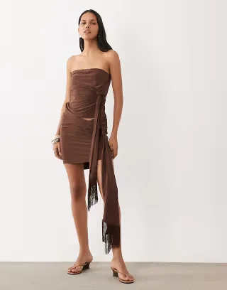 ASOS DESIGN slinky mini skirt with fringe drape detail in brown - part of a set