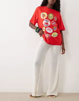 ASOS DESIGN crochet jersey micro waistband pants in cream - part of a set