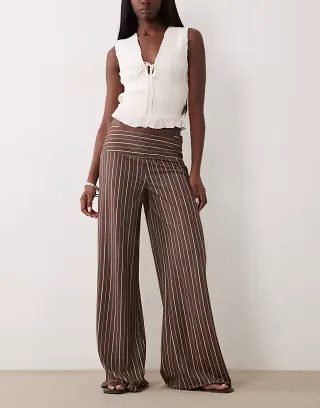 Gina Tricot wide leg jersey pants in brown stripe