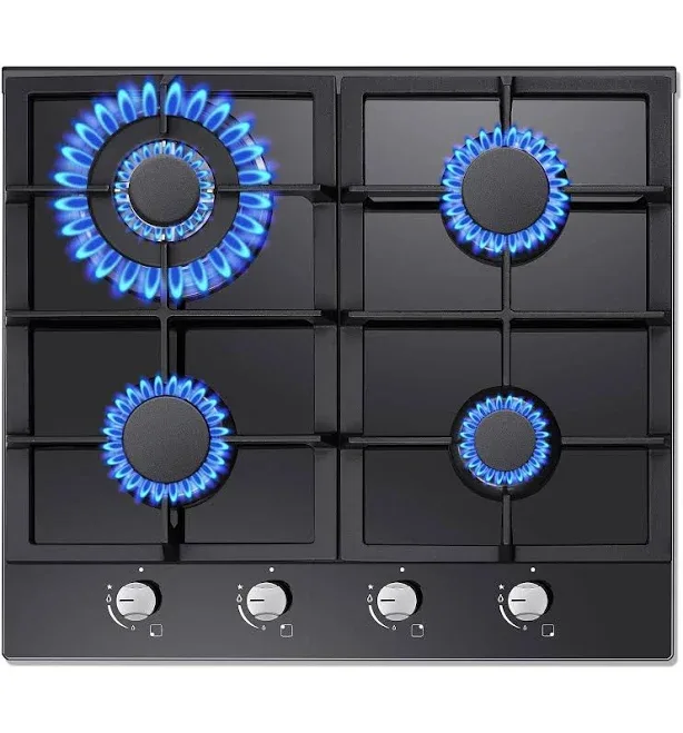 4 Burners 24 in Black Tempered Glass Dual Fuel Gas Cooktop Drop-in Gas Hob | Easy Clean | Knob Control | Dual Fuel | 120