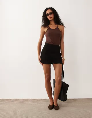 ASOS DESIGN linen blend shirred knicker shorts in black