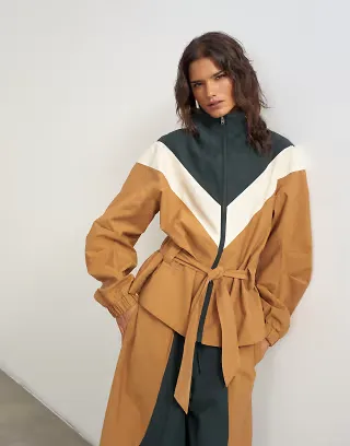Topshop tie waist funnel neck bomber in brown and black
