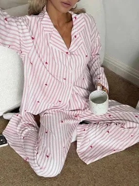 Shein |2pcs Women Loose Comfortable Breathable Striped Long Sleeve Top & Pants Pajama Set