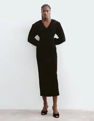 ARRANGE velvet ovoid sleeve V neck maxi dress in black