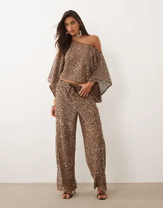 ASOS DESIGN sheer crochet sequin wide leg pants in brown