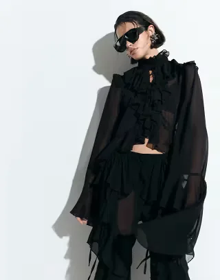 Noughts & Kisses chiffon extreme ruffle tie front drape sleeve blouse in black - part of a set