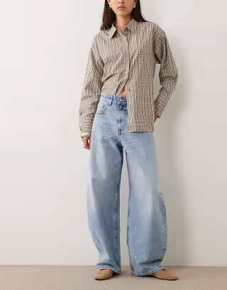 ASOS DESIGN high waisted barrel leg jeans in lightwash blue