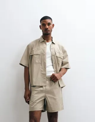ASOS DESIGN boxy oversized cotton twill shirt in beige - part of a set