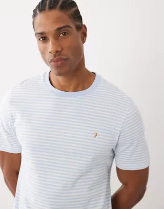 Farah Castle striped logo T-shirt in light blue/white