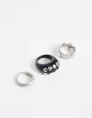 ASOS DESIGN Pack of 3 rings in brushed silver with studded statement black resin ring