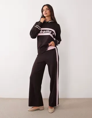 Kaiia knit logo stripe v-neck hoodie and wide leg sweatpants set in chocolate and pink