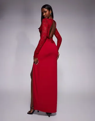 Oh Polly lace bodice plunge neck draped skirt maxi dress in red