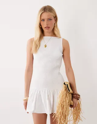 ASOS DESIGN shirred dropped waist mini dress in white