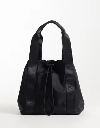 4505 woven adjustable drawstring bucket bag with external pocket in black
