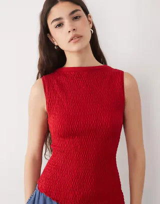 ASOS DESIGN knitted shirred asymmetric top in red