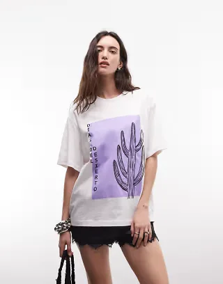 ASOS DESIGN oversized t-shirt with minimalist cactus graphic in lilac and white