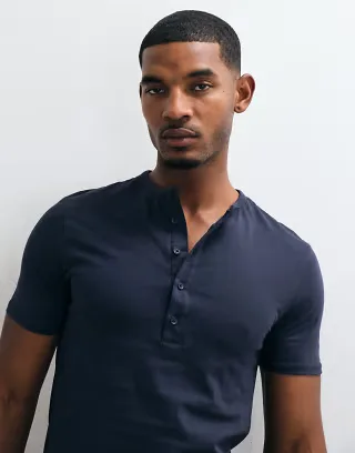 ASOS DESIGN slim fit t-shirt with henley neck in navy
