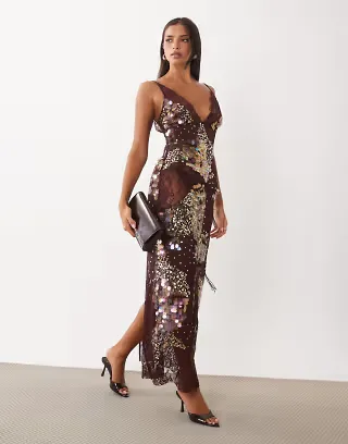 ASOS DESIGN sheer lace cami maxi dress with placement embellishment in chocolate