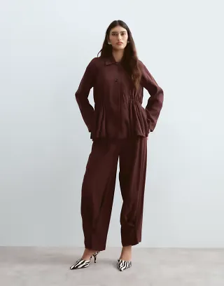 ARRANGE button down cinch waist blazer and balloon pants set in dark cherry