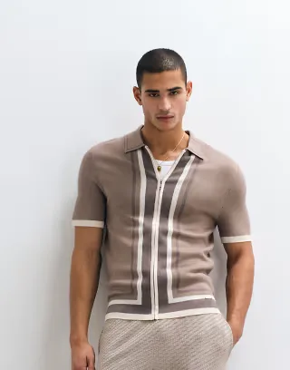 Belier paneled zip up knit polo in taupe