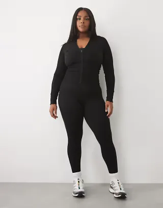 4505 Curve sculpting seamless zip-up long sleeve top and high waist gym leggings in black