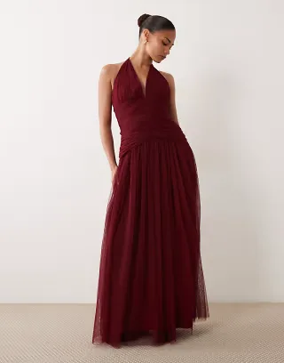 Lace & Beads Petite structured halter neck dropped waist maxi dress in raspberry