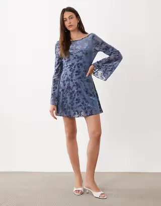 Rare London cowl back burnout floral fluted sleeve mini dress in navy