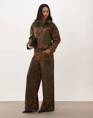Ghospell Suzu cord panel detail zip-up jacket and jeans set in orange zebra print