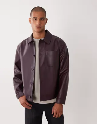 ASOS DESIGN faux leather shacket in burgundy