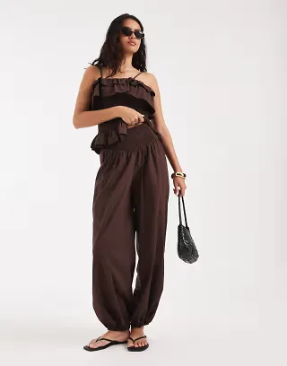 ASOS DESIGN shirred balloon linen blend pants in chocolate - part of a set