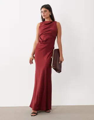 ASOS DESIGN satin drape bodice maxi dress with cowl back detail in red