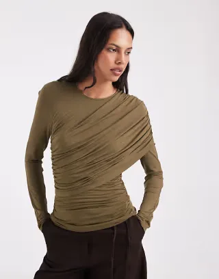 ASOS DESIGN drapey wrap shoulder long sleeve top in khaki