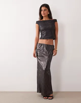 ASOS DESIGN foiled lace skirt & top set in black