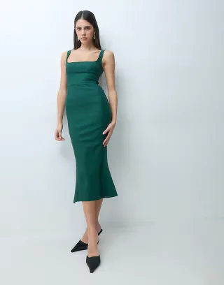 Vesper bengaline sleeveless square neck fishtail midi dress in green