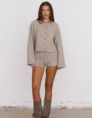 Aria Cove slouchy ribbed knit wide sleeve cardigan set in camel