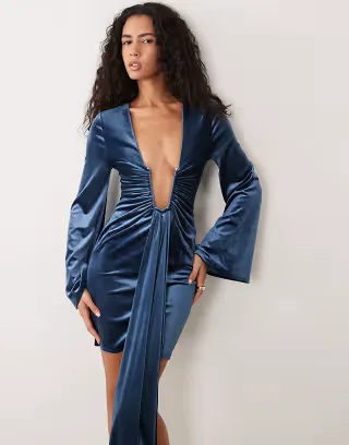ASOS DESIGN velvet mini dress with deep plunge and sash detail in teal