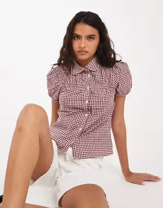 ASOS DESIGN cap sleeve peter pan collar shirt in brown gingham