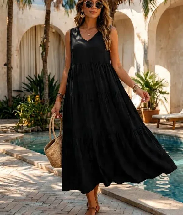 Women's Flowy Ruffle Hem A-Line Maxi Dress