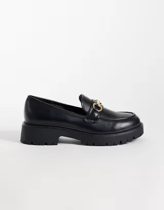 London Rebel Wide Fit Peggy metal trim chunky loafers in black