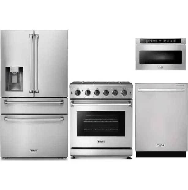 Thor Kitchen 4-Piece Appliance Package - 30-Inch Gas Range, Refrigerator with Water Dispenser, Dishwasher, & Microwave D