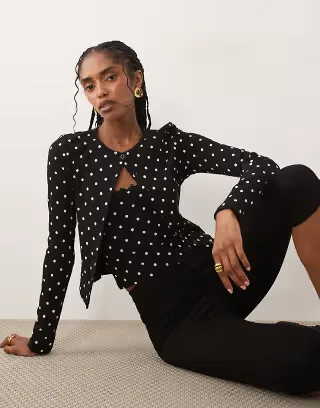 Miss Selfridge ribbed cardigan and cami set in polka dot print