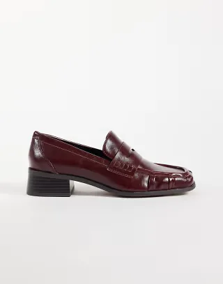 ASOS DESIGN Marisol ruched round toe heeled loafers in burgundy