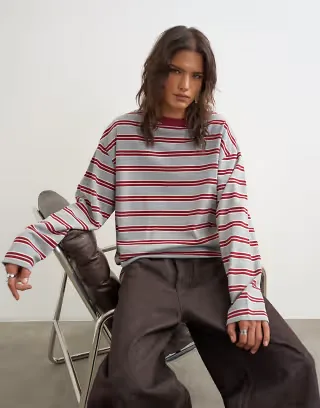 Topshop stripe long sleeve slouchy skater tee in gray