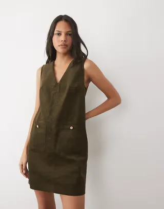 Threadbare cord pinafore mini dress in khaki